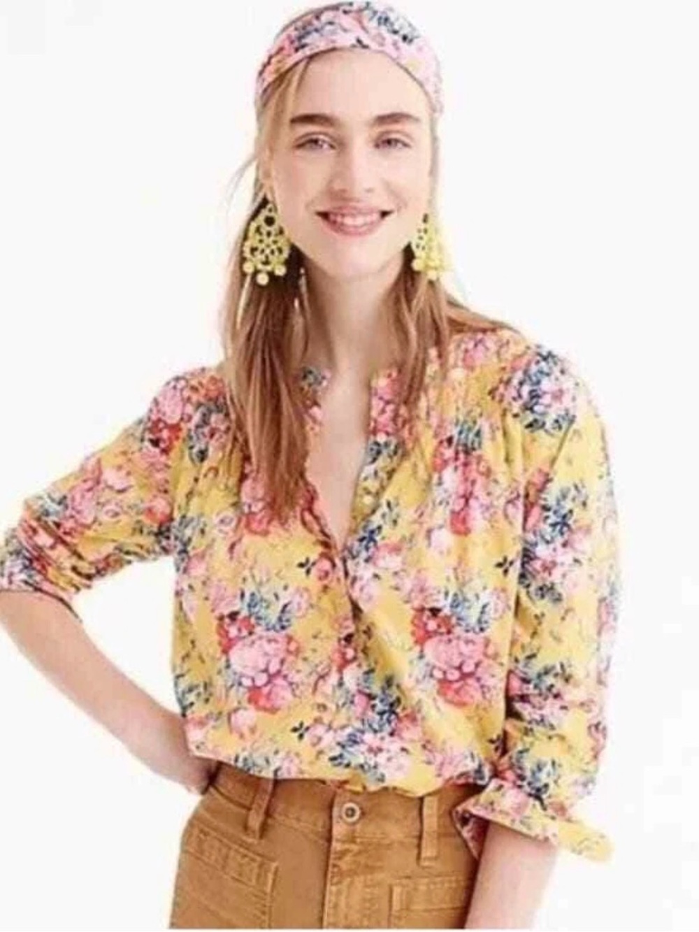 J Crew Liberty Fabric Print Yellow Floral Pintuck Blouse 6